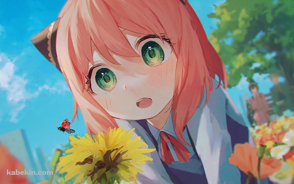 黄色い花から飛び立つテントウムシを見るかわいいアーニャ・フォージャー / スパイファミリーの壁紙(960px x 600px) 高画質 PC・デスクトップ用