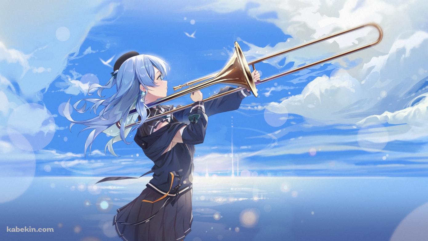 トロンボーンを吹く星街すいせい / 綺麗 / 海 / ホロライブ / バーチャルYouTuberの壁紙(1391px x 783px) 高画質 PC・デスクトップ用