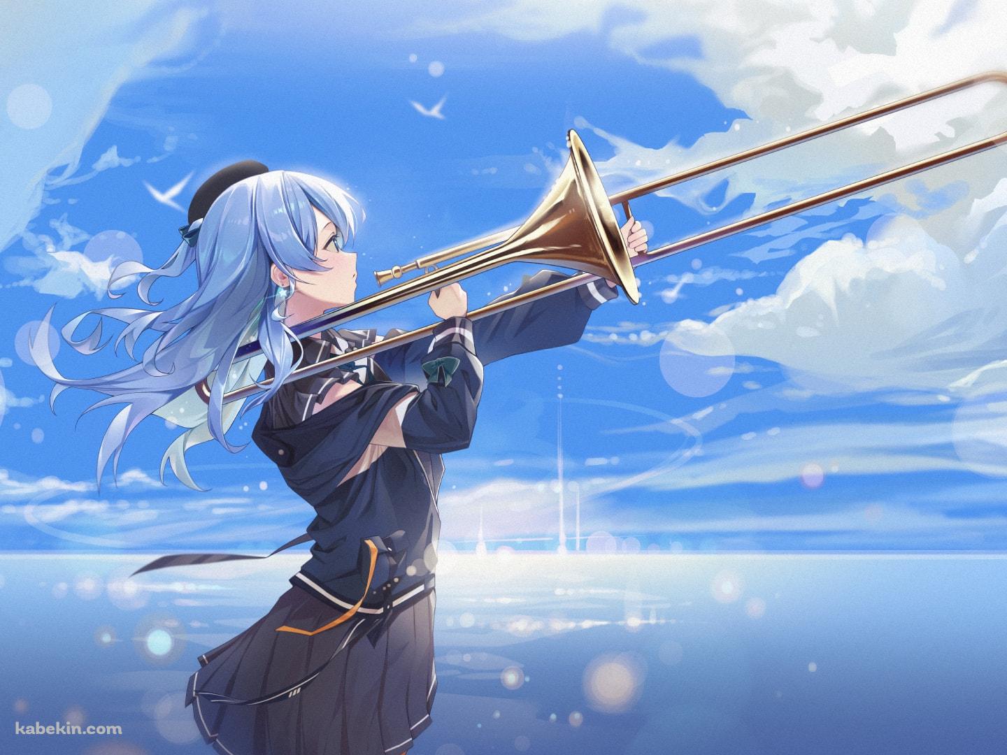 トロンボーンを吹く星街すいせい / 綺麗 / 海 / ホロライブ / バーチャルYouTuberの壁紙(1440px x 1080px) 高画質 PC・デスクトップ用
