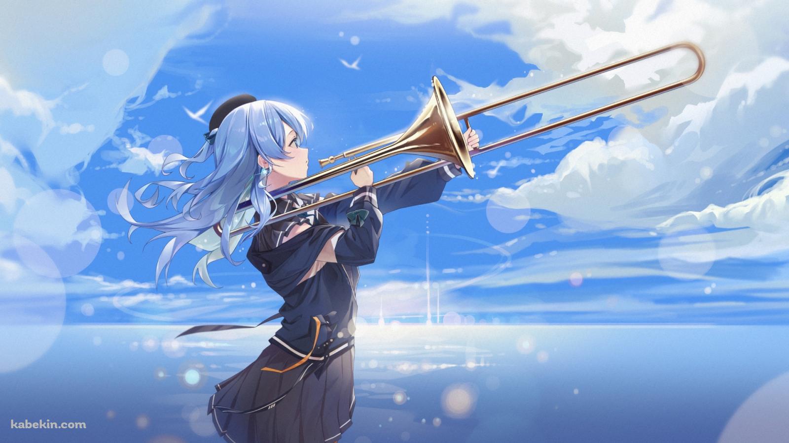 トロンボーンを吹く星街すいせい / 綺麗 / 海 / ホロライブ / バーチャルYouTuberの壁紙(1600px x 900px) 高画質 PC・デスクトップ用