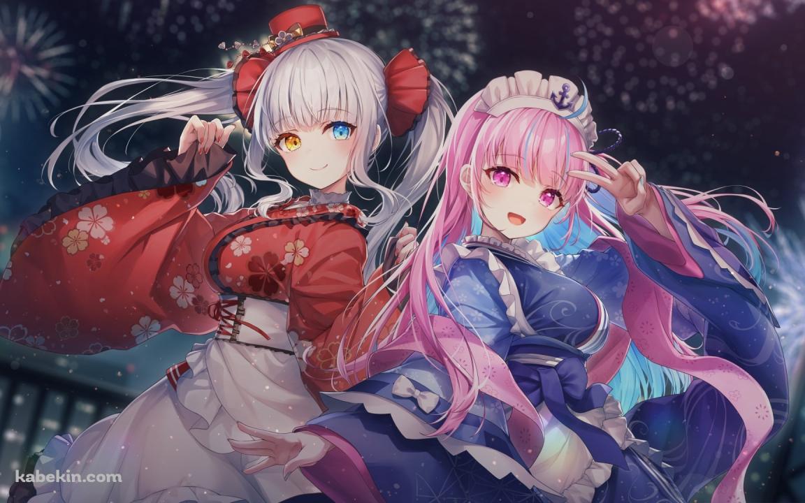 ピースする湊あくあと洋服の袖を持つ神楽めあ / かわいい / 花火 / ホロライブ / バーチャルYouTuberの壁紙(1152px x 720px) 高画質 PC・デスクトップ用