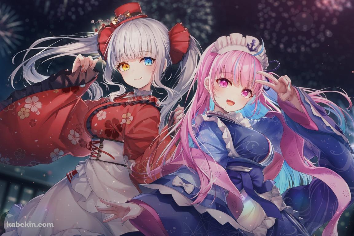 ピースする湊あくあと洋服の袖を持つ神楽めあ / かわいい / 花火 / ホロライブ / バーチャルYouTuberの壁紙(1152px x 768px) 高画質 PC・デスクトップ用