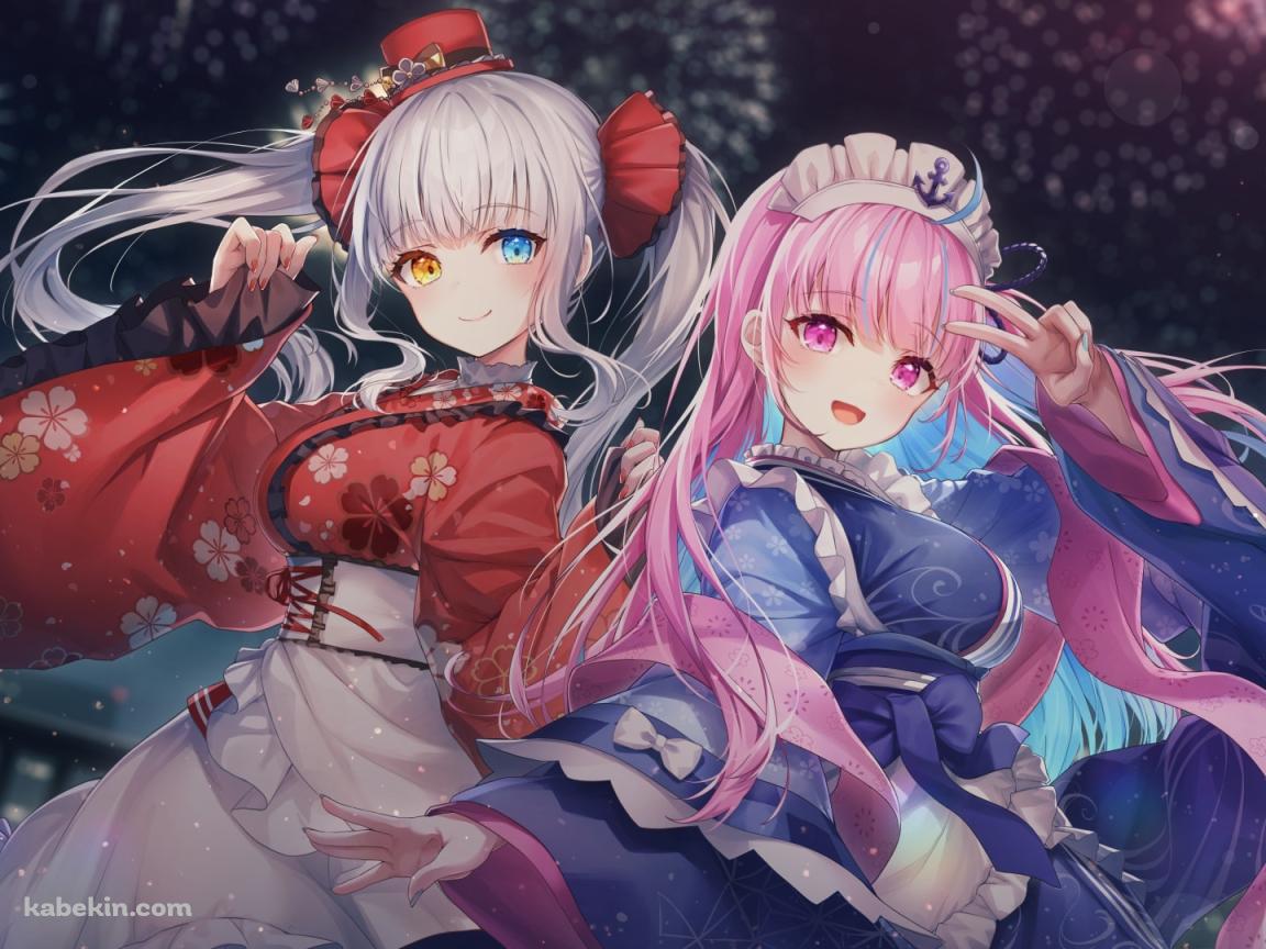 ピースする湊あくあと洋服の袖を持つ神楽めあ / かわいい / 花火 / ホロライブ / バーチャルYouTuberの壁紙(1152px x 864px) 高画質 PC・デスクトップ用