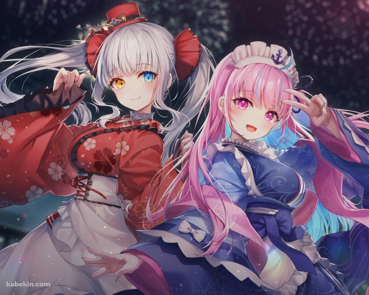 ピースする湊あくあと洋服の袖を持つ神楽めあ / かわいい / 花火 / ホロライブ / バーチャルYouTuberの壁紙(1280px x 1024px) 高画質 PC・デスクトップ用