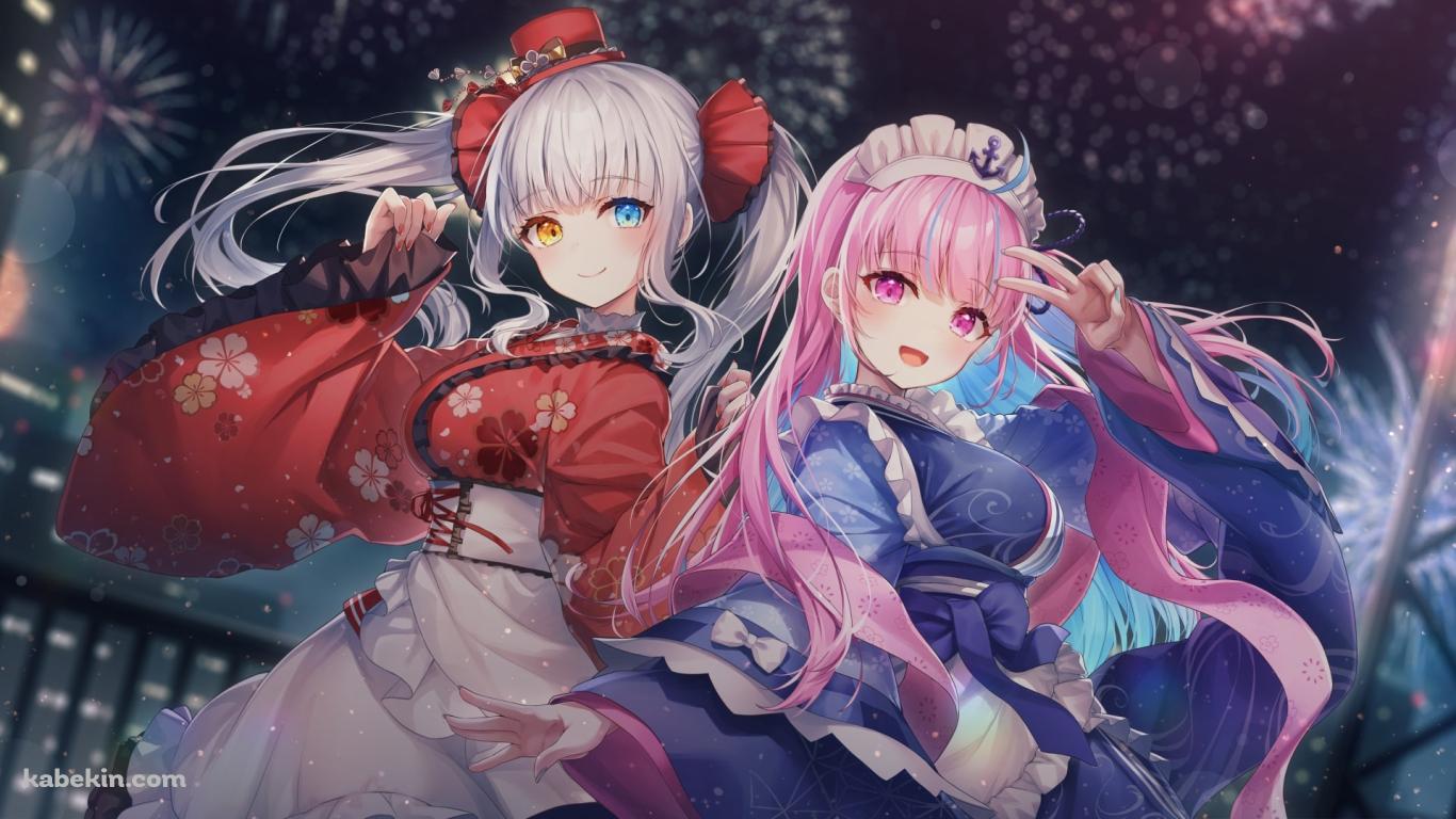 ピースする湊あくあと洋服の袖を持つ神楽めあ / かわいい / 花火 / ホロライブ / バーチャルYouTuberの壁紙(1366px x 768px) 高画質 PC・デスクトップ用