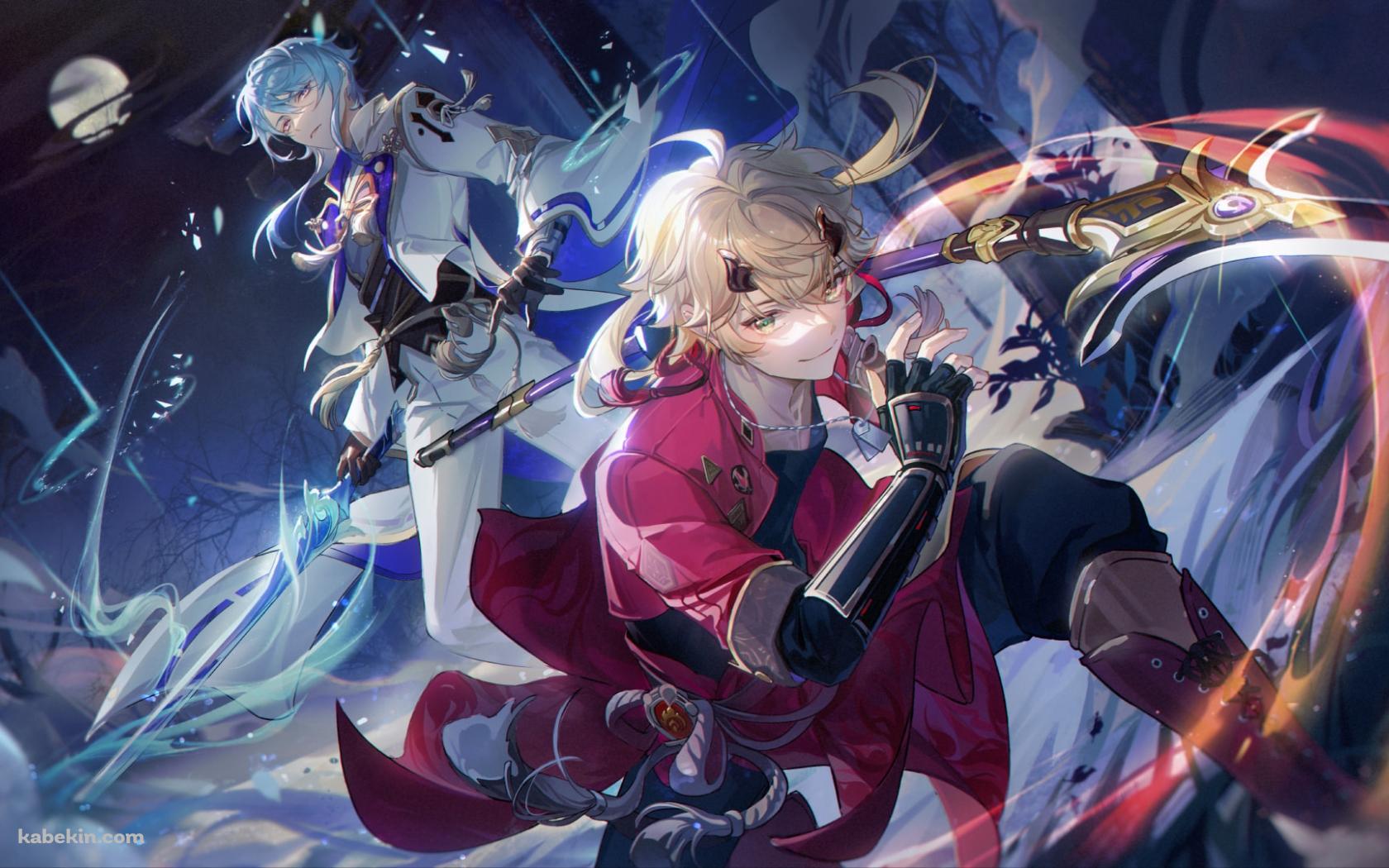 槍で攻撃するトーマと立ち尽くす神里綾人 / かっこいい / 原神の壁紙(1680px x 1050px) 高画質 PC・デスクトップ用