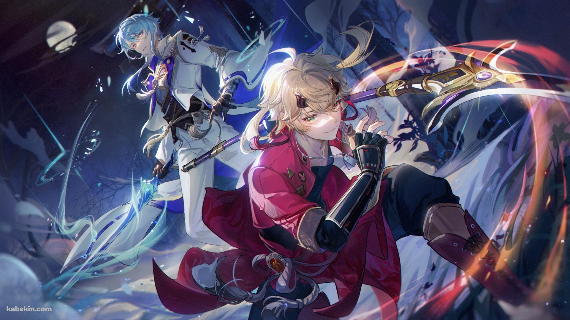 槍で攻撃するトーマと立ち尽くす神里綾人 / かっこいい / 原神の壁紙(1920px x 1080px) 高画質 PC・デスクトップ用