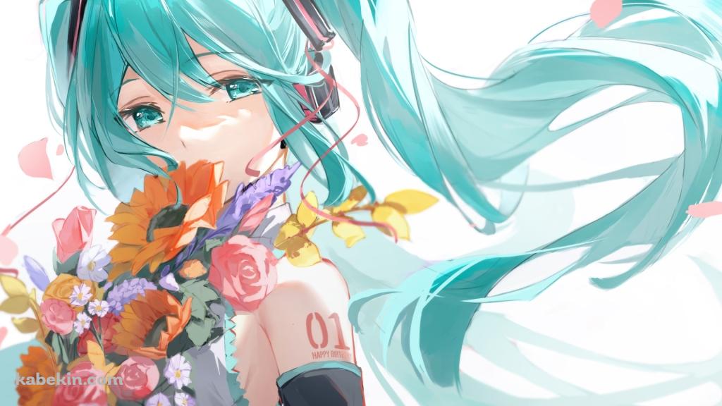 オレンジ・ピンク・紫のカラフルな花を抱えた綺麗な初音ミク / ボカロ / ボーカロイドの壁紙(1024px x 576px) 高画質 PC・デスクトップ用