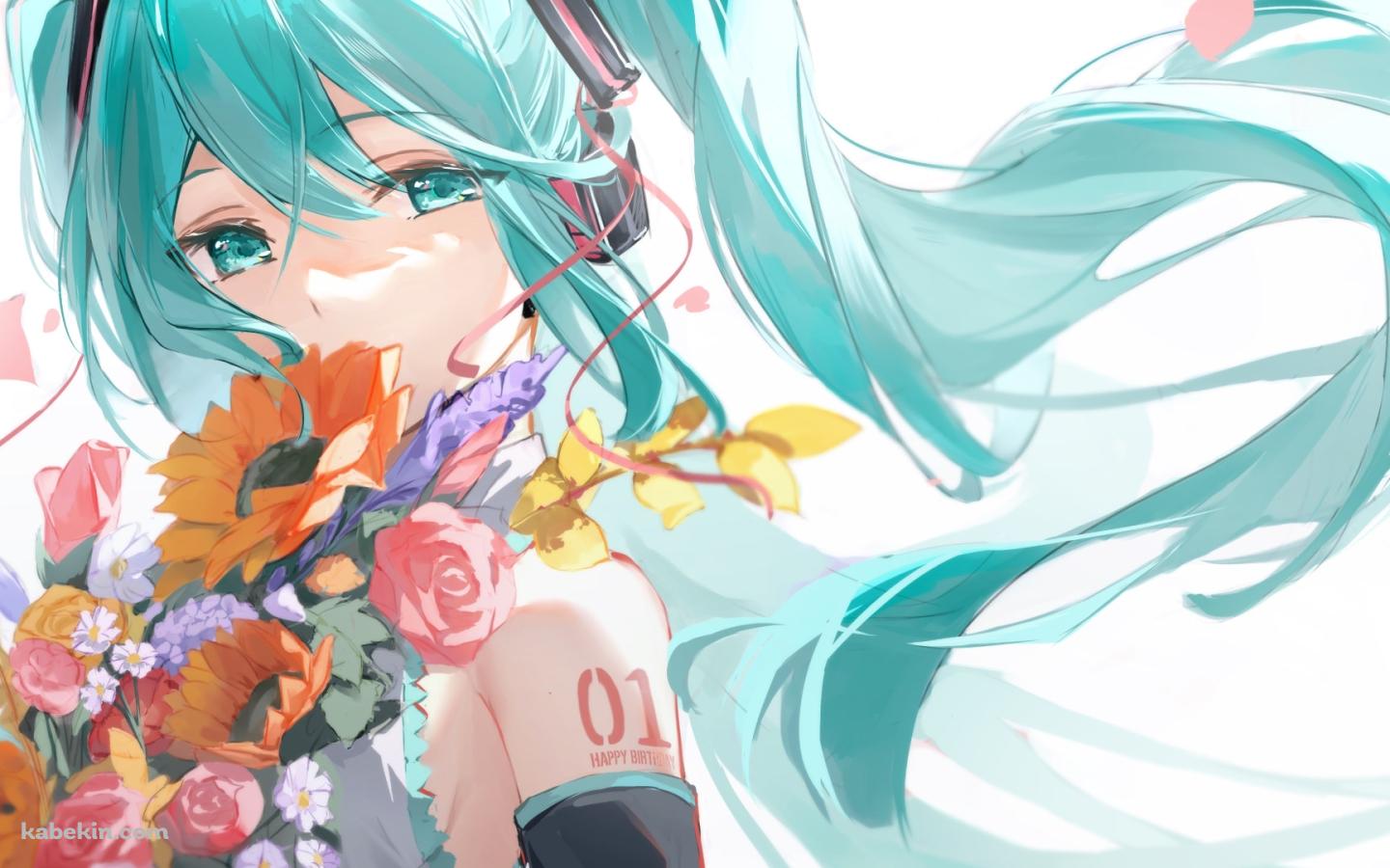 オレンジ・ピンク・紫のカラフルな花を抱えた綺麗な初音ミク / ボカロ / ボーカロイドの壁紙(1440px x 900px) 高画質 PC・デスクトップ用