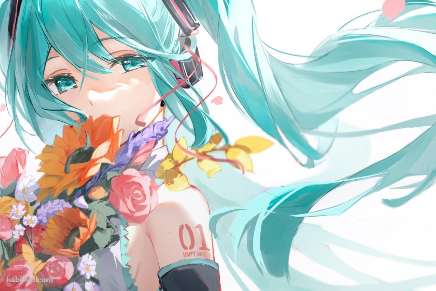 オレンジ・ピンク・紫のカラフルな花を抱えた綺麗な初音ミク / ボカロ / ボーカロイドの壁紙(1440px x 960px) 高画質 PC・デスクトップ用