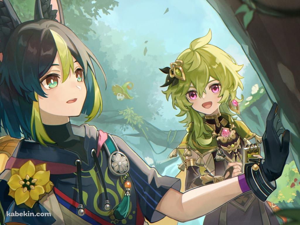 木を触るティナリとコレイ / かわいい / 原神の壁紙(1024px x 768px) 高画質 PC・デスクトップ用