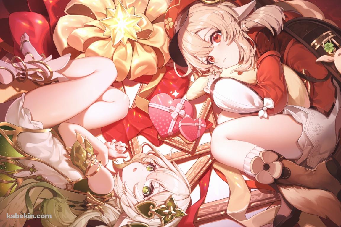 横たわるナヒーダとクレー / かわいい / ハート型の入れ物のプレゼント / 原神の壁紙(1152px x 768px) 高画質 PC・デスクトップ用
