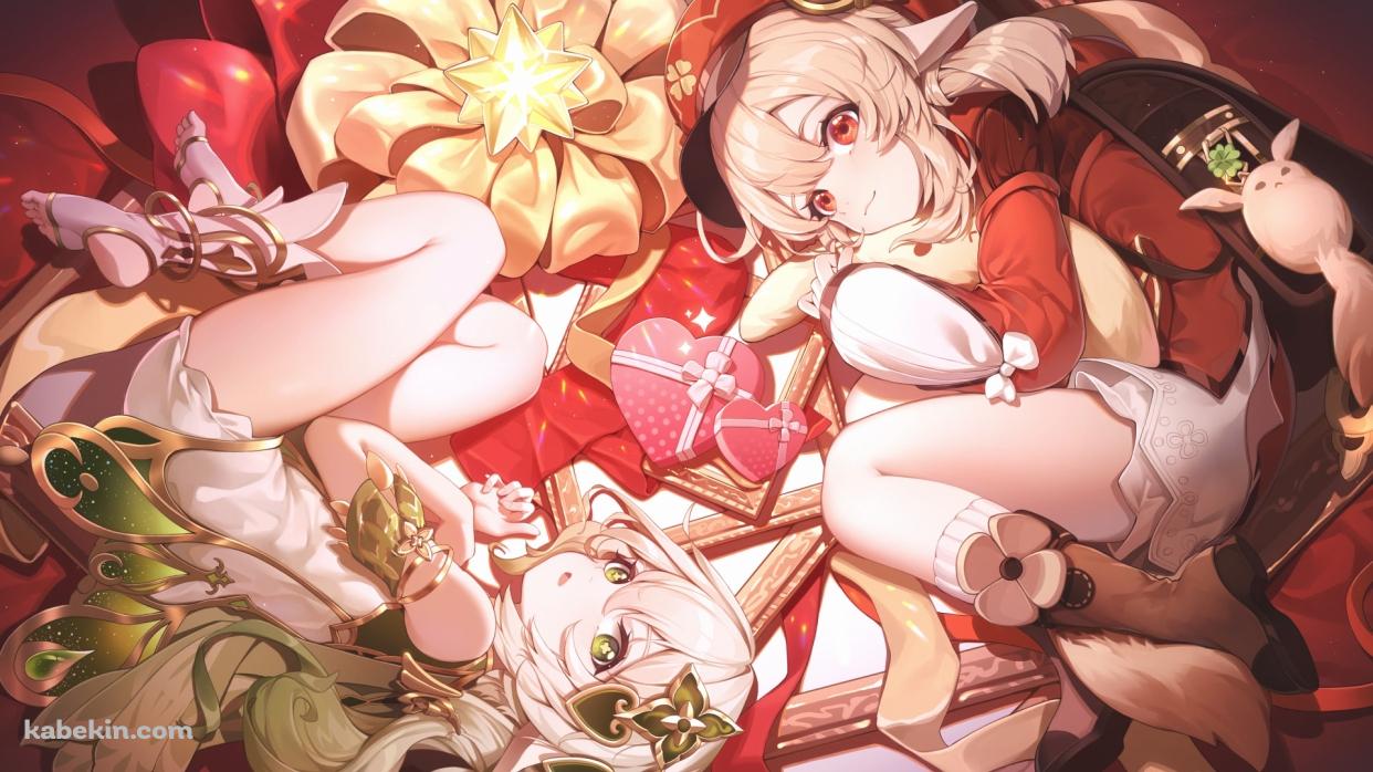 横たわるナヒーダとクレー / かわいい / ハート型の入れ物のプレゼント / 原神の壁紙(1242px x 698px) 高画質 PC・デスクトップ用