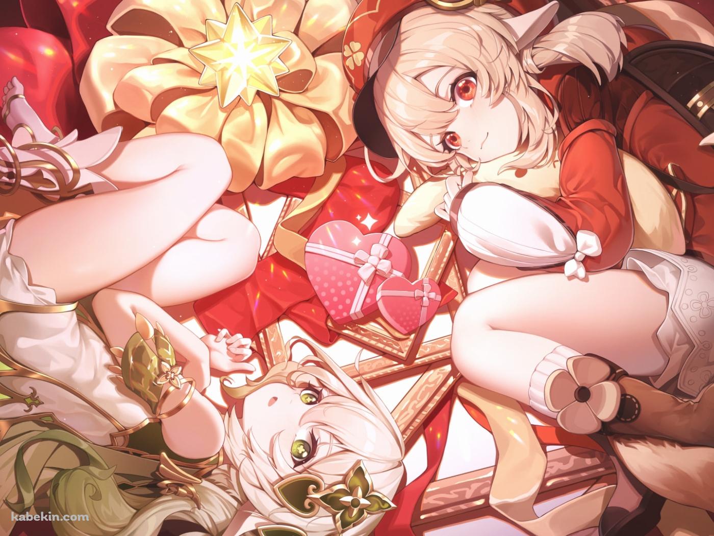 横たわるナヒーダとクレー / かわいい / ハート型の入れ物のプレゼント / 原神の壁紙(1400px x 1050px) 高画質 PC・デスクトップ用