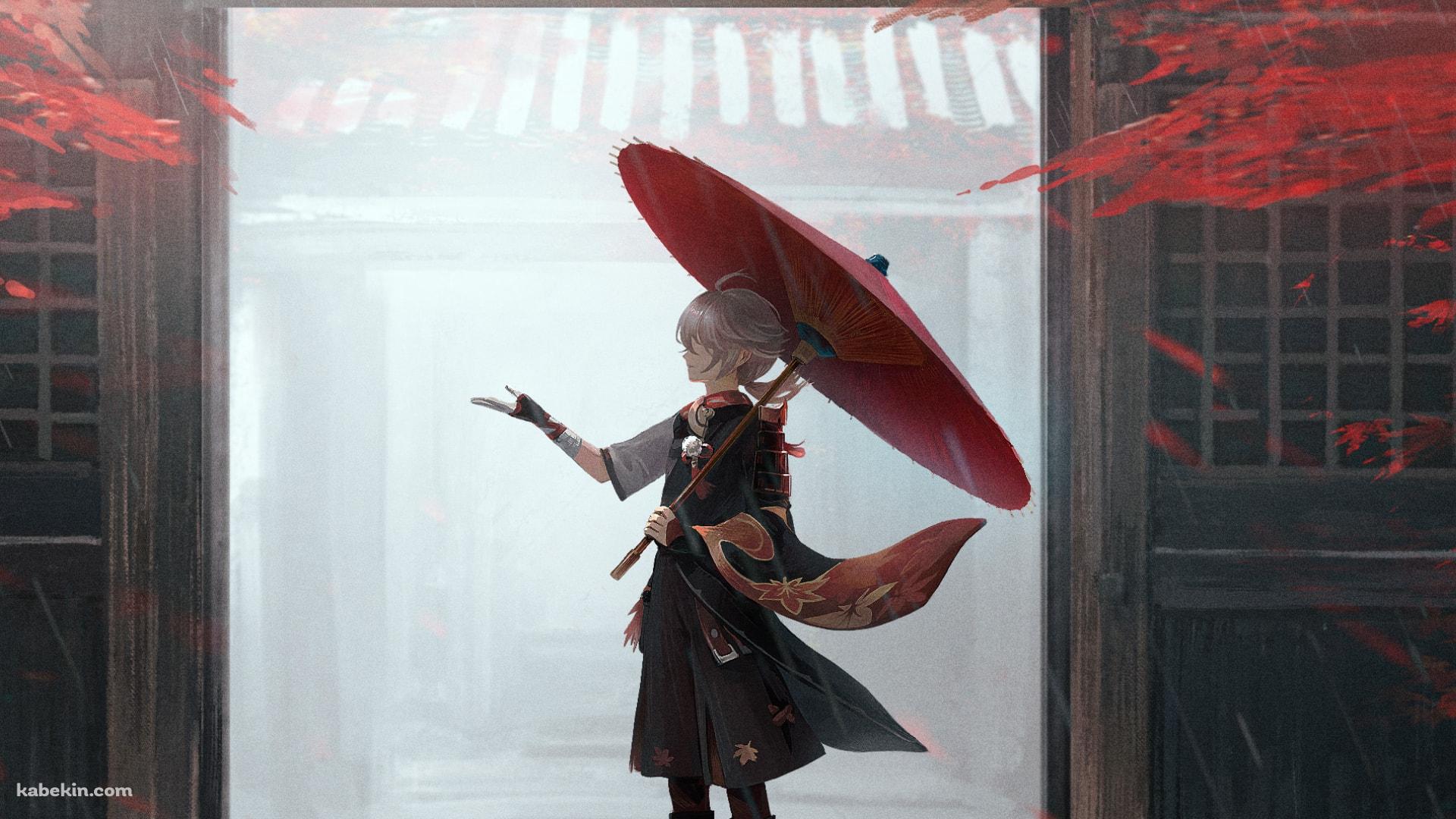 赤い和傘をさして手をかざす楓原万葉( かえではらかずは ) / 原神の壁紙(1920px x 1080px) 高画質 PC・デスクトップ用