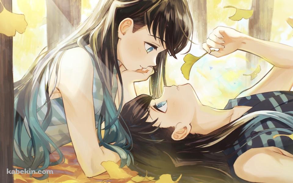 銀杏舞い散る森で見つめ合う時透無一郎 / 時透有一郎 / 鬼滅の刃の壁紙(960px x 600px) 高画質 PC・デスクトップ用