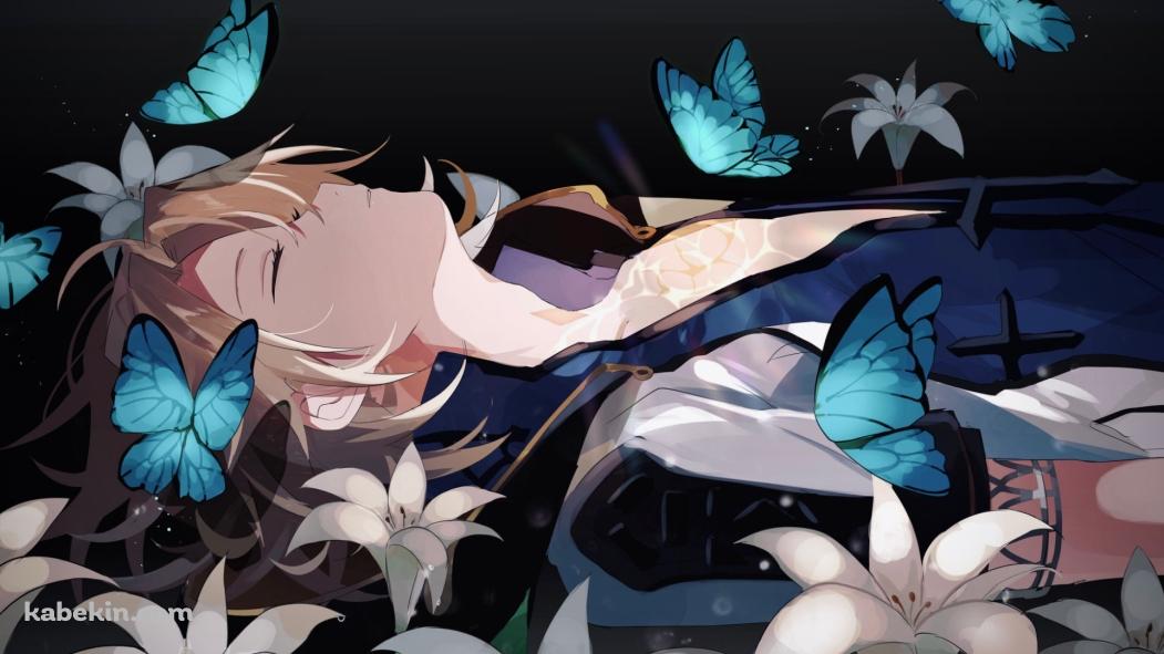 仰向けに寝ているアルベド / 青い蝶 / 百合 / 原神の壁紙(1051px x 591px) 高画質 PC・デスクトップ用