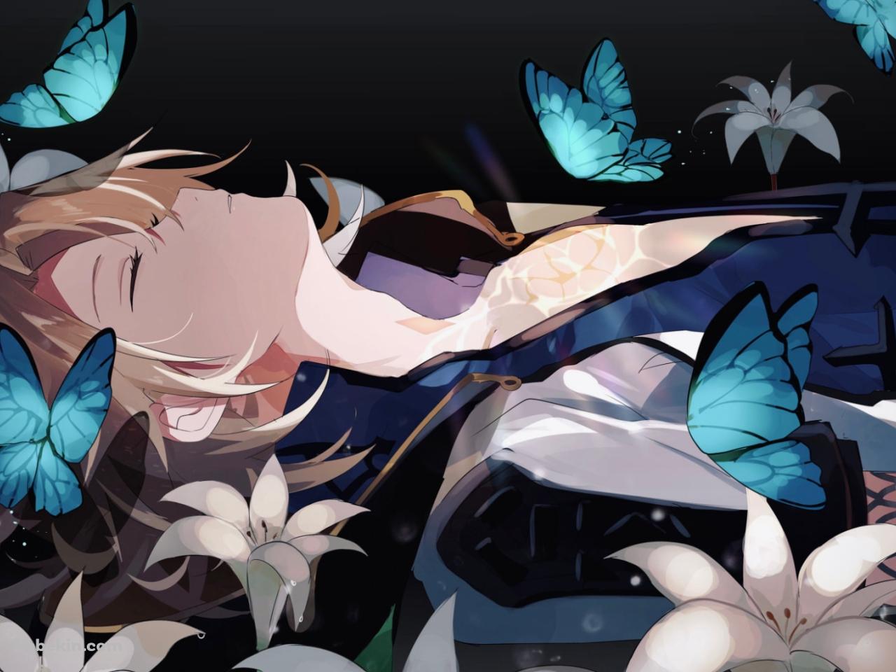 仰向けに寝ているアルベド / 青い蝶 / 百合 / 原神の壁紙(1280px x 960px) 高画質 PC・デスクトップ用