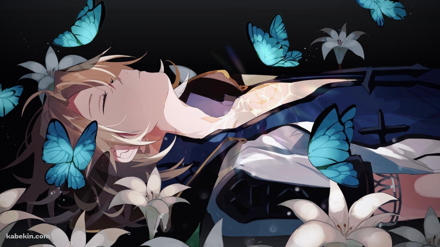 仰向けに寝ているアルベド / 青い蝶 / 百合 / 原神の壁紙(1536px x 864px) 高画質 PC・デスクトップ用