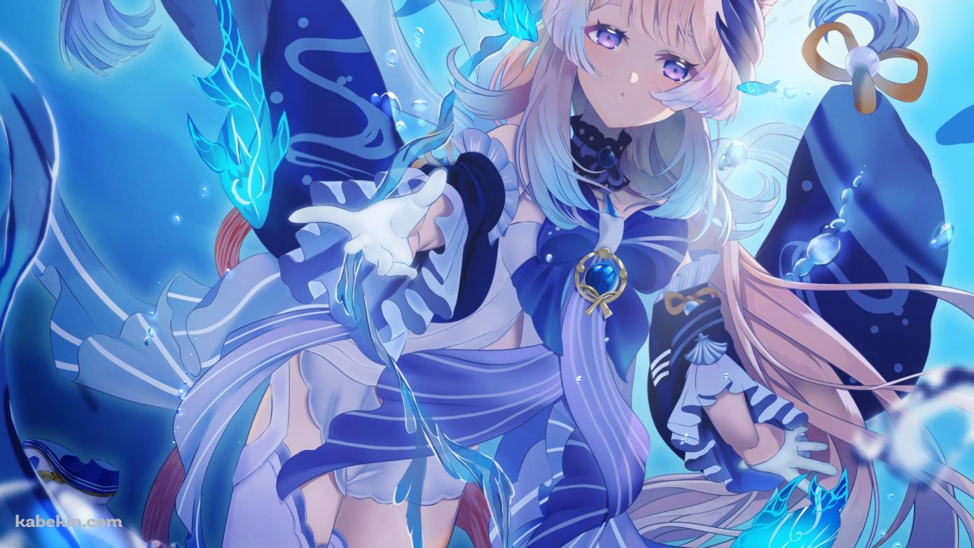 海の中 青い魚と珊瑚宮心海 / 原神 / イラスト / ファンアートの壁紙(1391px x 783px) 高画質 PC・デスクトップ用