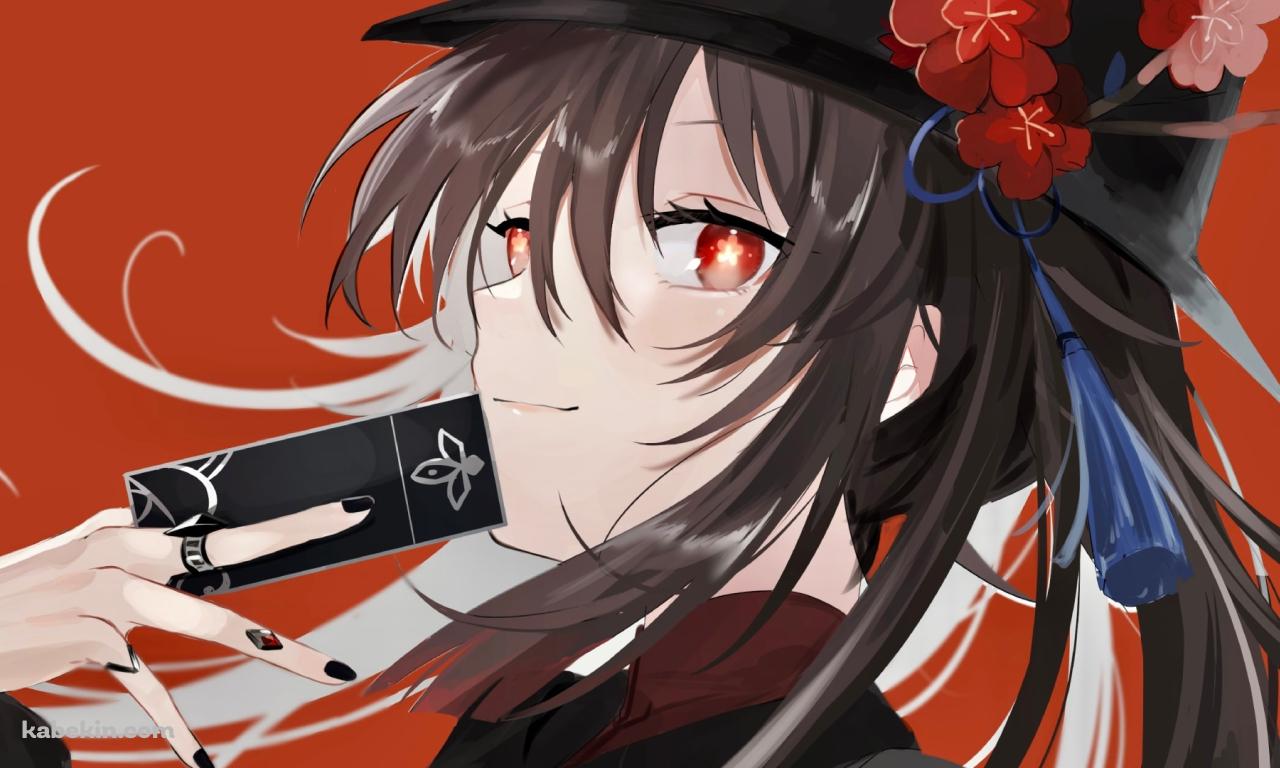 黒いお札を口元にあてて微笑む胡桃 / 原神の壁紙(1280px x 768px) 高画質 PC・デスクトップ用