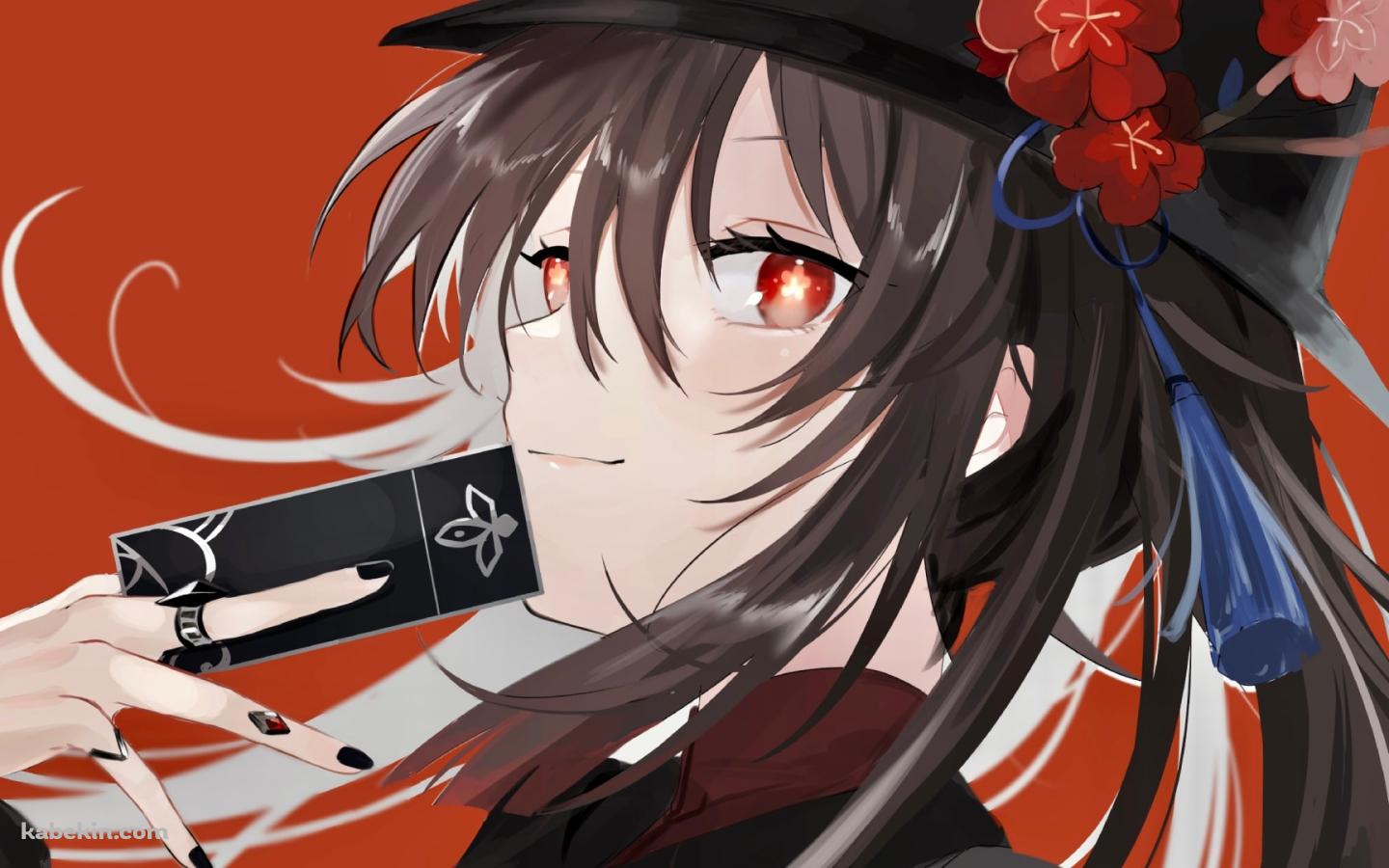 黒いお札を口元にあてて微笑む胡桃 / 原神の壁紙(1440px x 900px) 高画質 PC・デスクトップ用