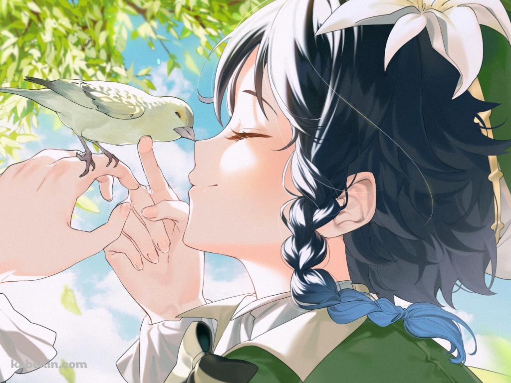 小鳥と顔を合わせ笑顔のウェンティ / 原神の壁紙(1024px x 768px) 高画質 PC・デスクトップ用