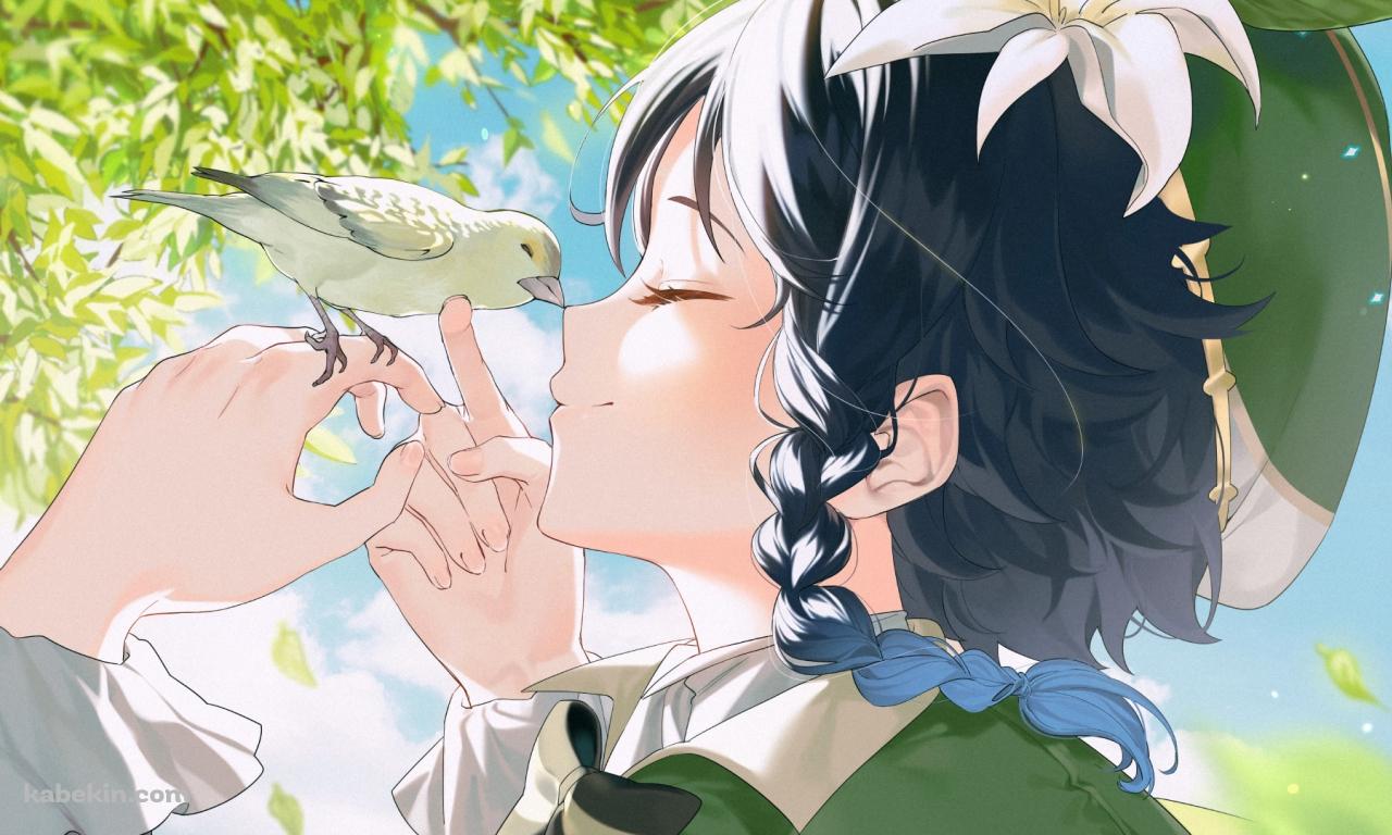 小鳥と顔を合わせ笑顔のウェンティ / 原神の壁紙(1280px x 768px) 高画質 PC・デスクトップ用