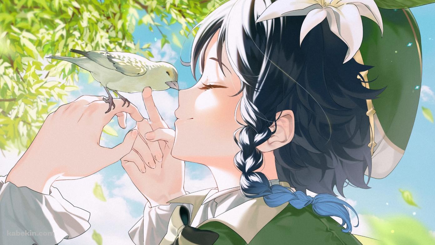 小鳥と顔を合わせ笑顔のウェンティ / 原神の壁紙(1391px x 783px) 高画質 PC・デスクトップ用