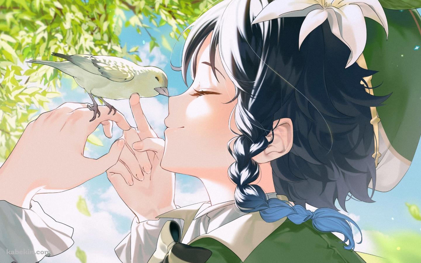 小鳥と顔を合わせ笑顔のウェンティ / 原神の壁紙(1440px x 900px) 高画質 PC・デスクトップ用