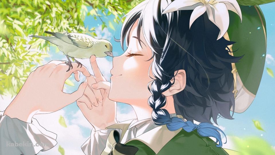小鳥と顔を合わせ笑顔のウェンティ / 原神の壁紙(960px x 540px) 高画質 PC・デスクトップ用