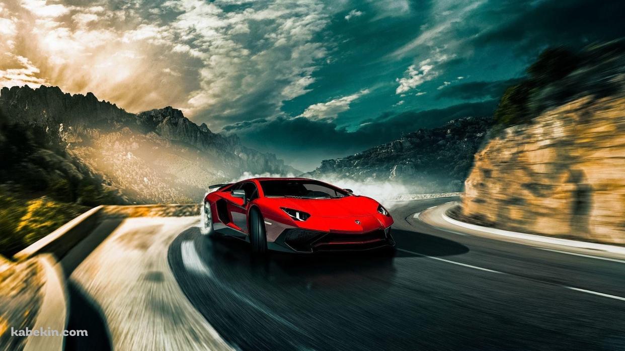 公道を爆走するランボルギーニ・アヴェンタドールLP750-4 スーパーヴェローチェ / 赤の壁紙(1242px x 698px) 高画質 PC・デスクトップ用
