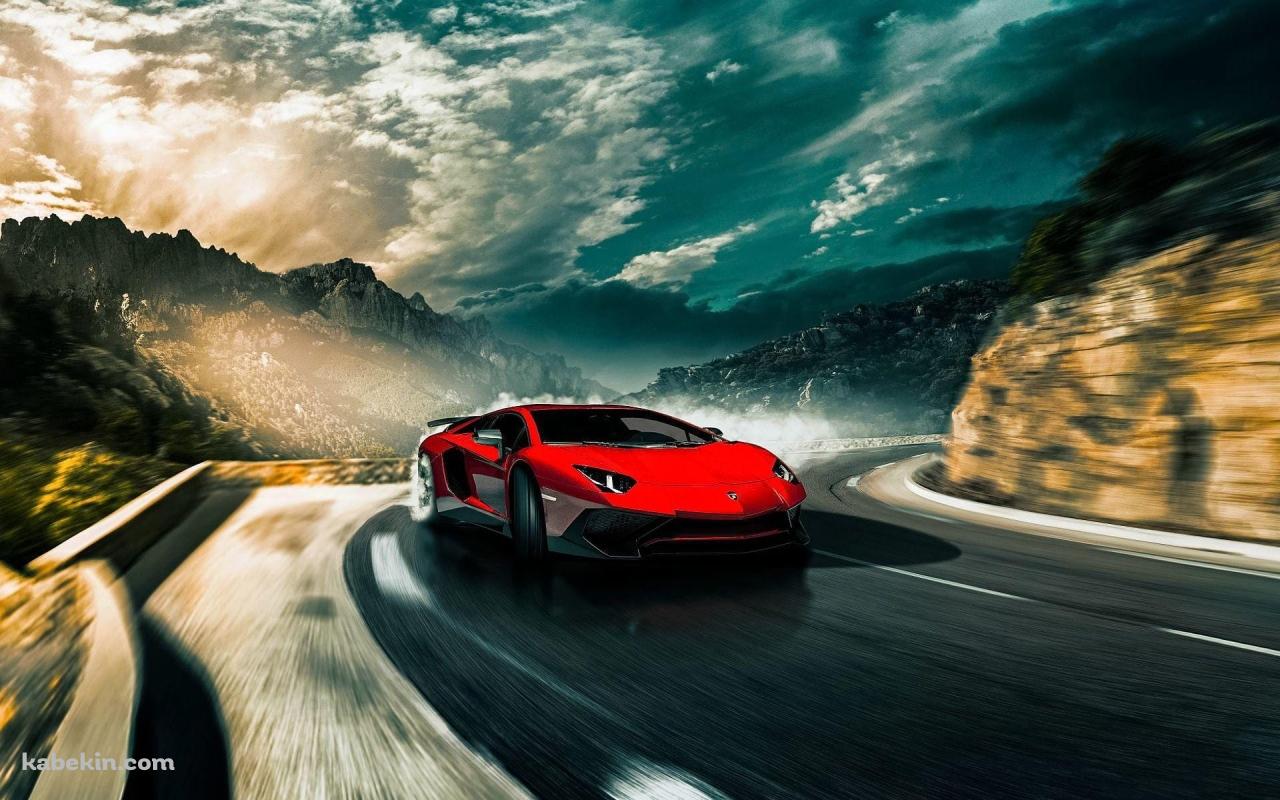 公道を爆走するランボルギーニ・アヴェンタドールLP750-4 スーパーヴェローチェ / 赤の壁紙(1280px x 800px) 高画質 PC・デスクトップ用