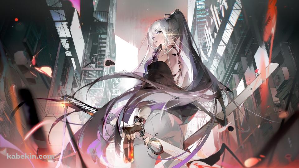 刀を持ち振り向く銀髪の女性 / かっこいい / 二刀流の壁紙(960px x 540px) 高画質 PC・デスクトップ用