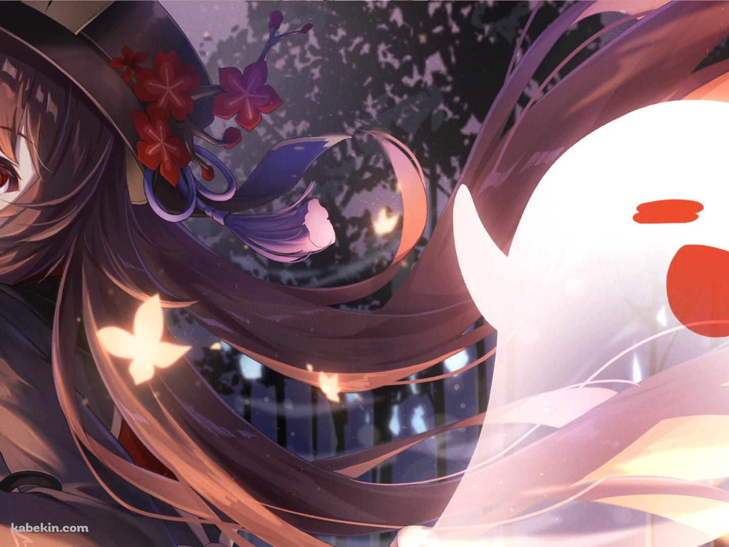 ニコニコの胡桃と幽霊 / 黄色い蝶 / 赤い花の髪飾り / 原神の壁紙(1440px x 1080px) 高画質 PC・デスクトップ用