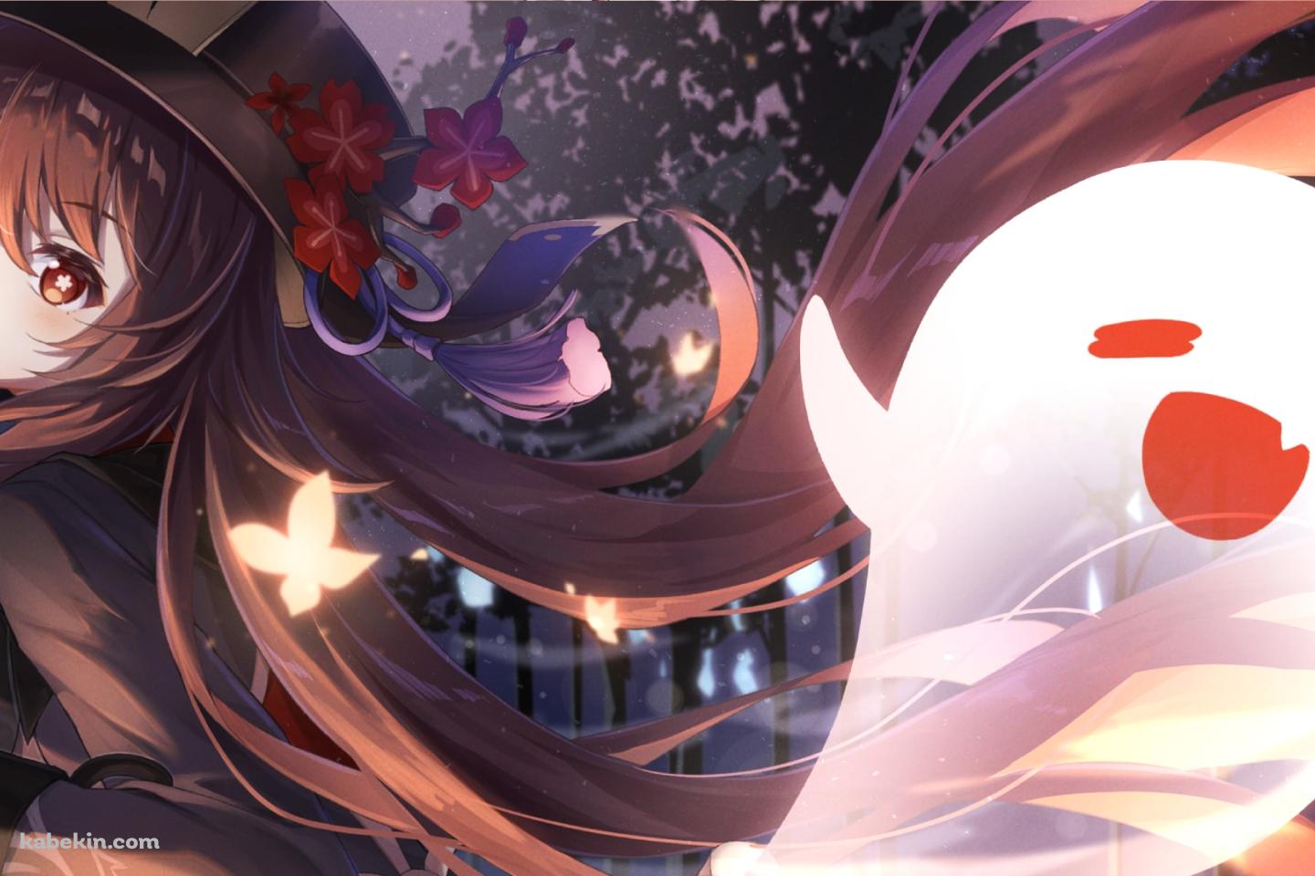 ニコニコの胡桃と幽霊 / 黄色い蝶 / 赤い花の髪飾り / 原神の壁紙(1440px x 960px) 高画質 PC・デスクトップ用