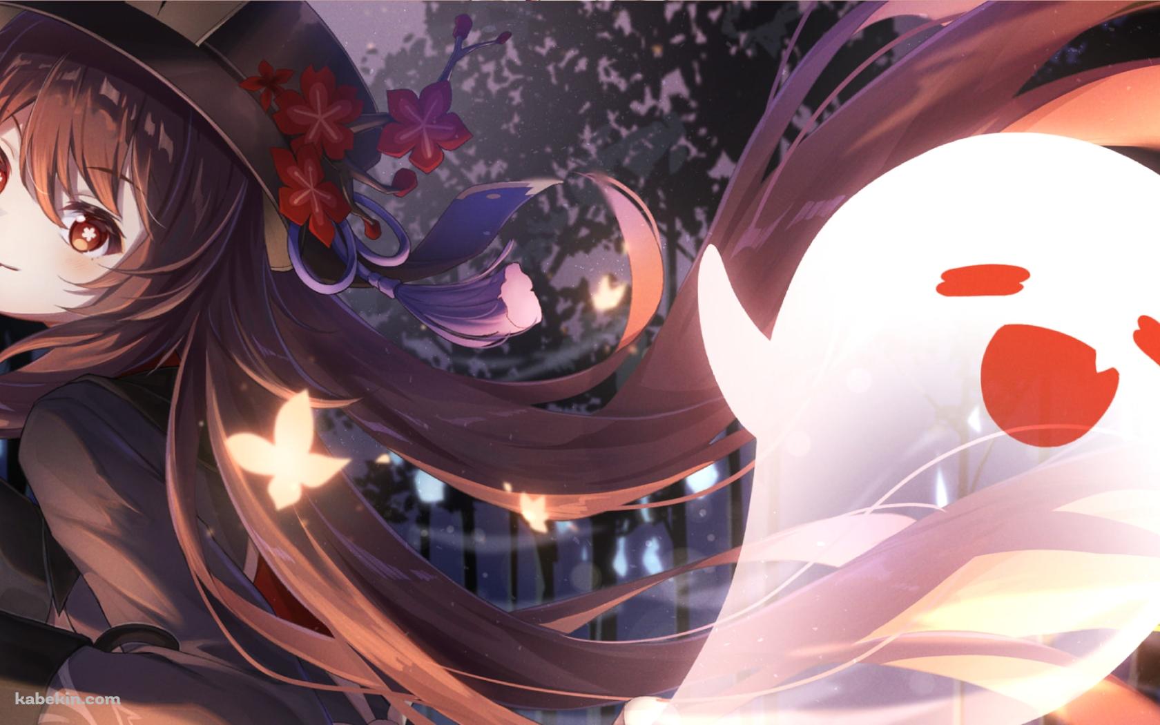 ニコニコの胡桃と幽霊 / 黄色い蝶 / 赤い花の髪飾り / 原神の壁紙(1680px x 1050px) 高画質 PC・デスクトップ用