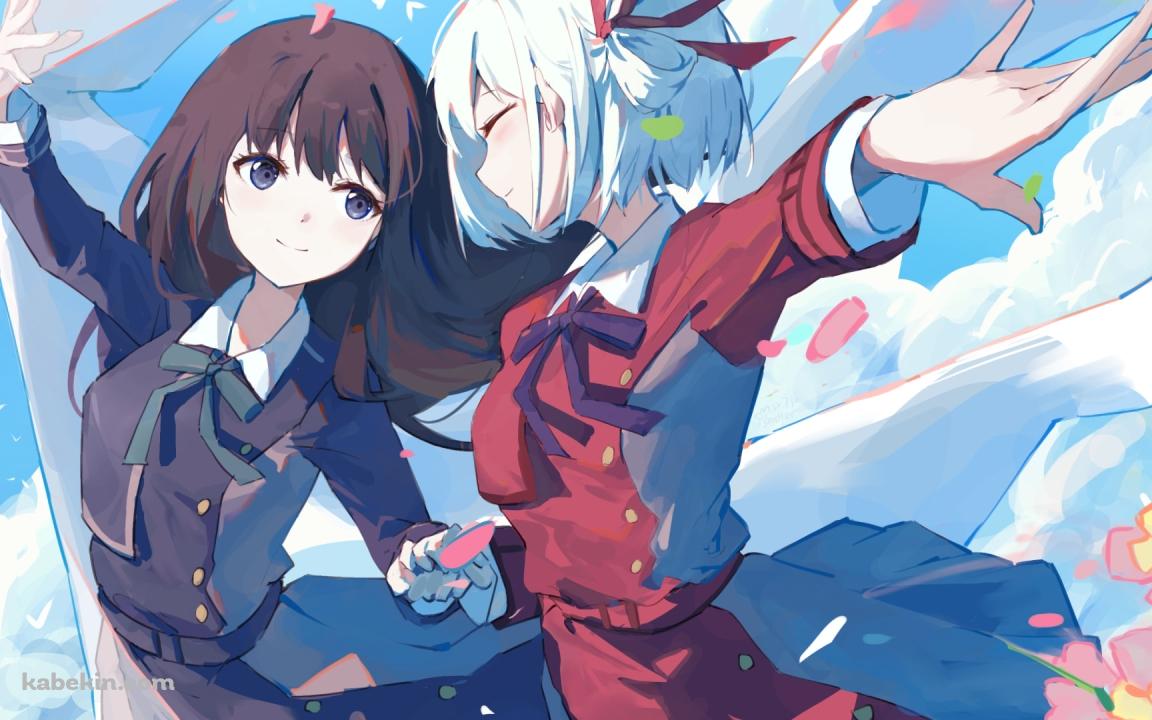 白い布を持ち手をつなぐ錦木千束と井ノ上たきな / 可愛い / リコリス・リコイルの壁紙(1152px x 720px) 高画質 PC・デスクトップ用