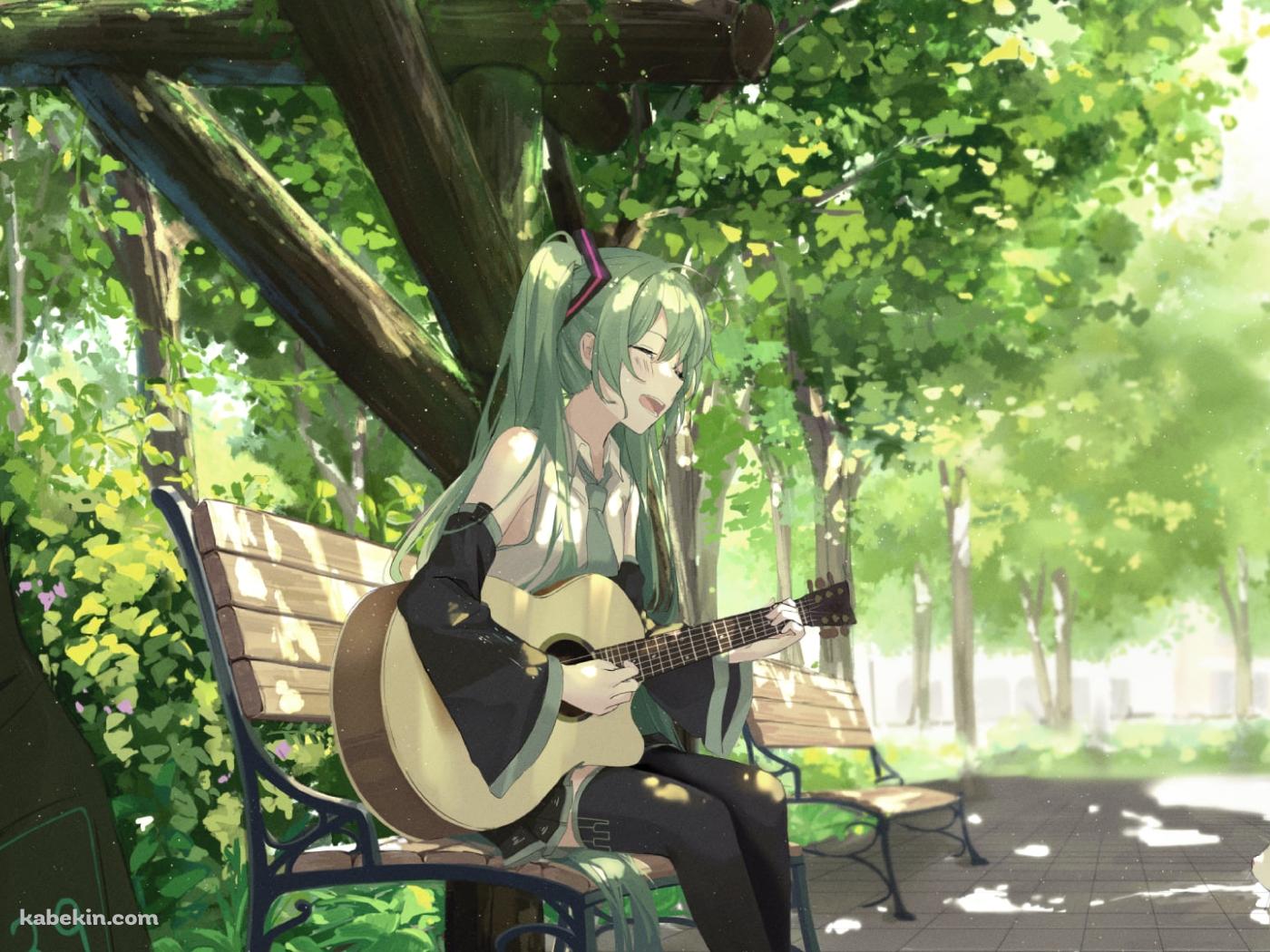 猫に向かって弾き語りをする初音ミク / ギター / ボカロ / ボーカロイドの壁紙(1400px x 1050px) 高画質 PC・デスクトップ用