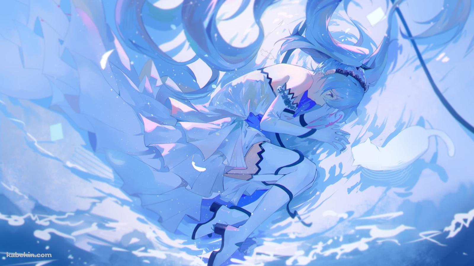 水の中 白い衣装を着てうずくまる初音ミク / ボカロ / ボーカロイドの壁紙(1600px x 900px) 高画質 PC・デスクトップ用