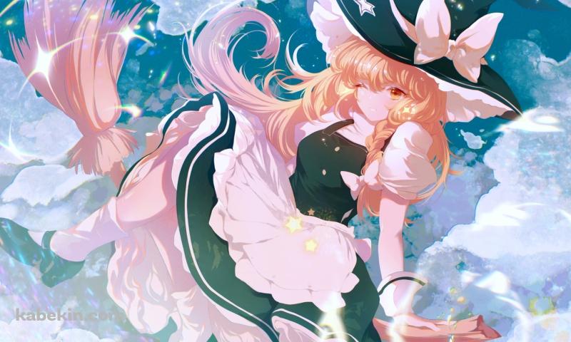 空飛ぶ霧雨魔理沙 / ウィンク / ホウキ / 白い雲 / 東方の壁紙(800px x 480px) 高画質 PC・デスクトップ用