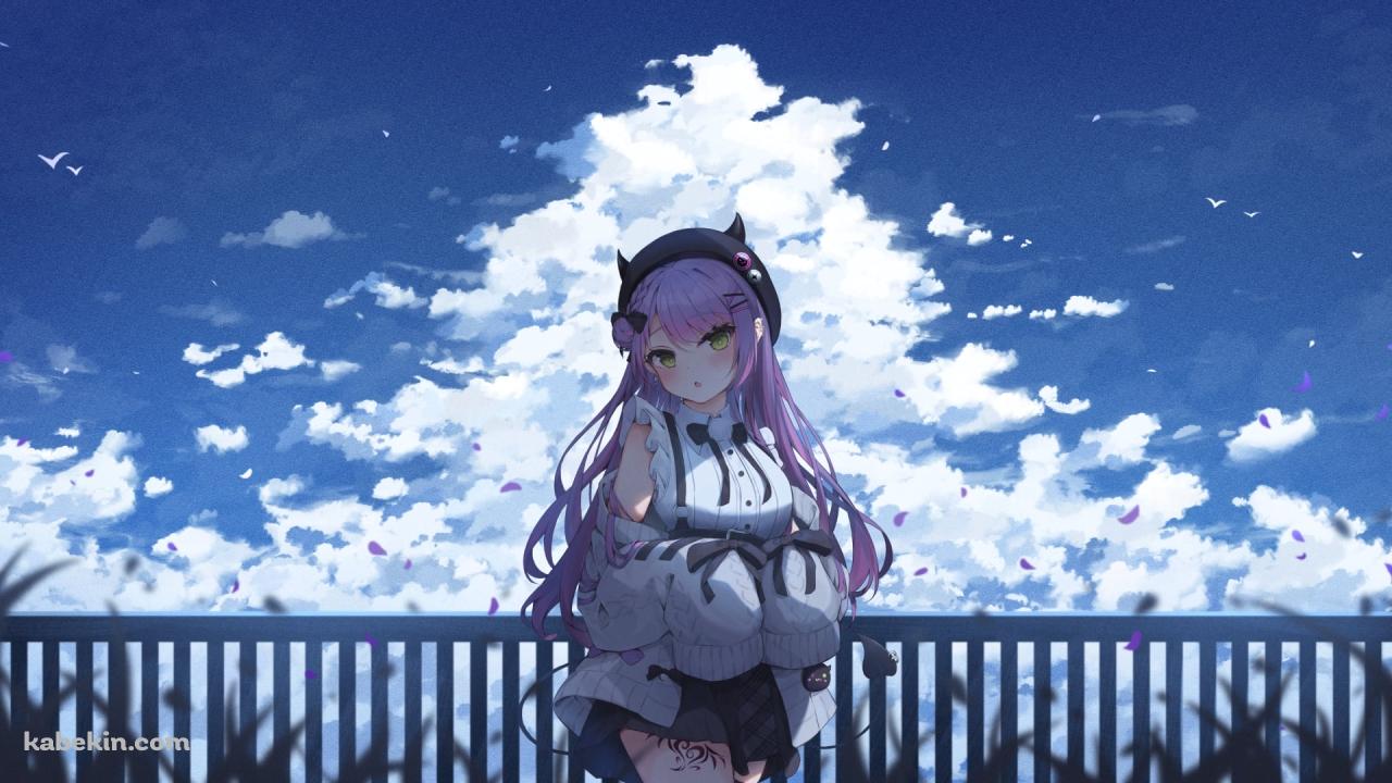 夏空のかわいい常闇トワ / 入道雲 / ピンクの花びら / ホロライブ / バーチャルYouTuber / Vtuber(1280x720px