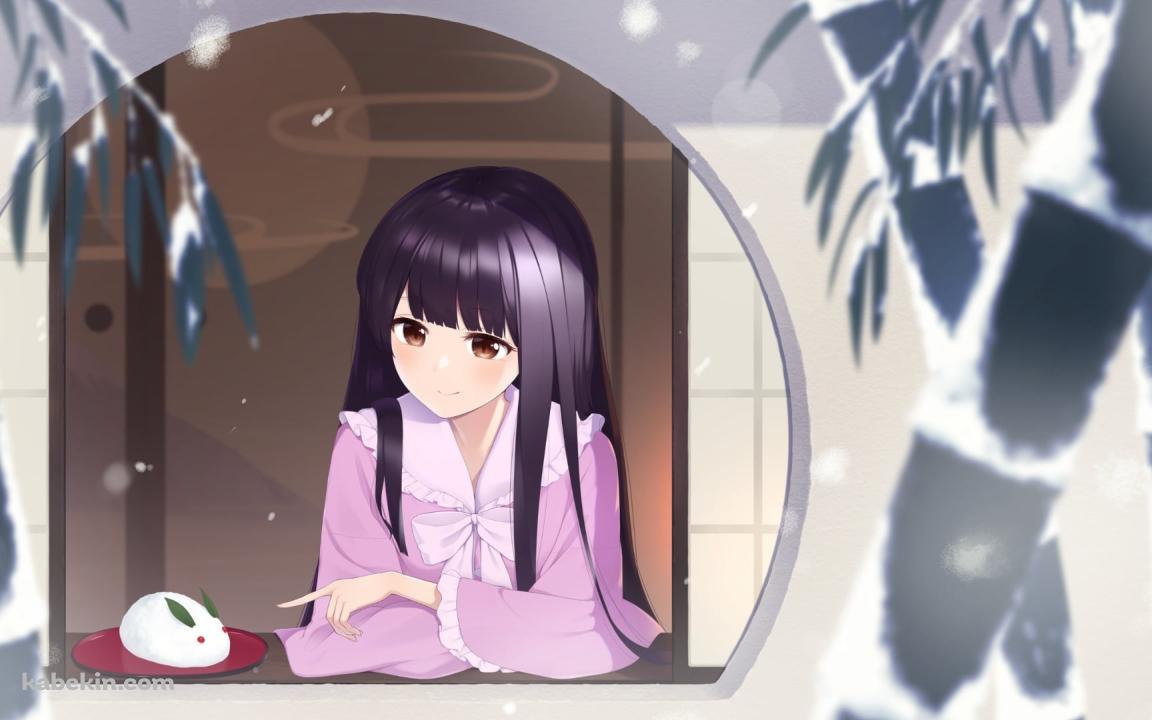 窓辺で雪でつくった兎を指さす蓬莱山輝夜（ほうらいさん かぐや） / 東方Projectの壁紙(1152px x 720px) 高画質 PC・デスクトップ用