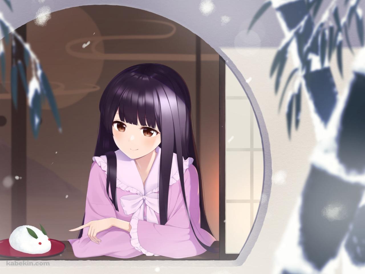窓辺で雪でつくった兎を指さす蓬莱山輝夜（ほうらいさん かぐや） / 東方Projectの壁紙(1280px x 960px) 高画質 PC・デスクトップ用