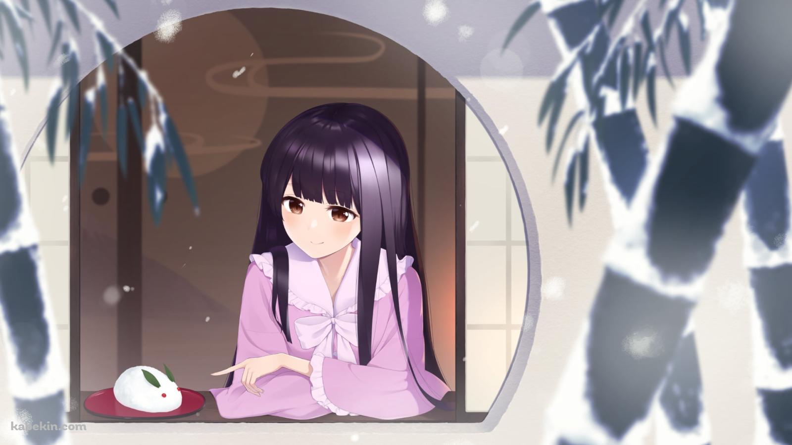 窓辺で雪でつくった兎を指さす蓬莱山輝夜（ほうらいさん かぐや） / 東方Projectの壁紙(1600px x 900px) 高画質 PC・デスクトップ用