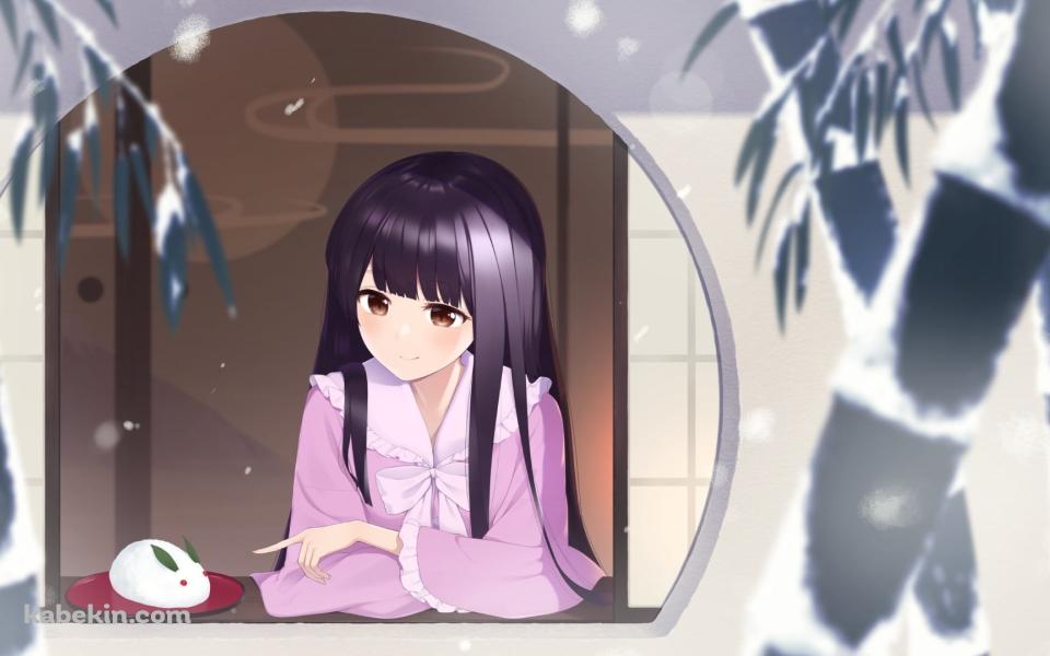 窓辺で雪でつくった兎を指さす蓬莱山輝夜（ほうらいさん かぐや） / 東方Projectの壁紙(960px x 600px) 高画質 PC・デスクトップ用
