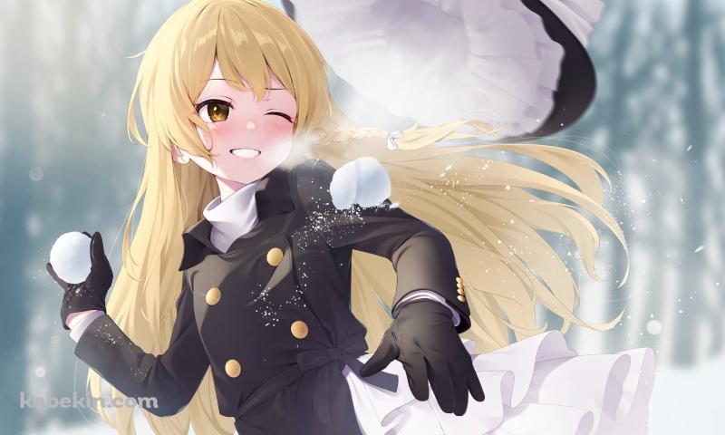 笑顔で雪合戦をする霧雨魔理沙 / 冬 / 東方の壁紙(800px x 480px) 高画質 PC・デスクトップ用