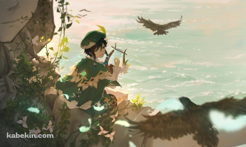 岸壁でハープを弾きこちらに笑いかけるウェンティ / 空飛ぶ鳶 / 原神の壁紙(800px x 480px) 高画質 PC・デスクトップ用