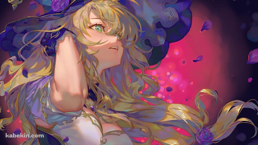 紫の薔薇と髪をおさえるリサ / 原神の壁紙(1024px x 576px) 高画質 PC・デスクトップ用