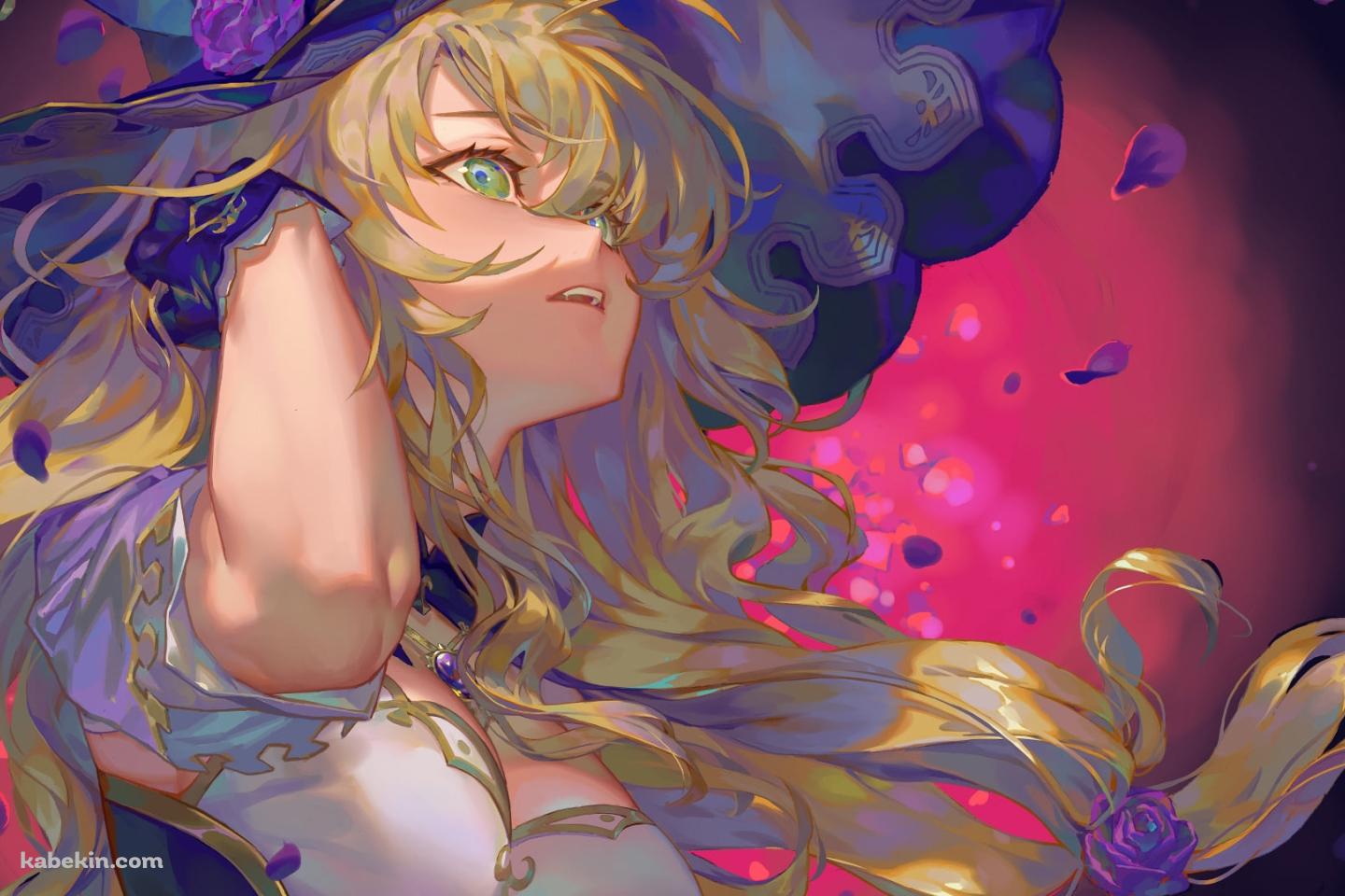 紫の薔薇と髪をおさえるリサ / 原神の壁紙(1440px x 960px) 高画質 PC・デスクトップ用